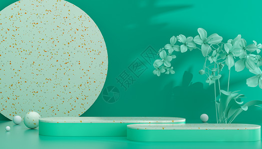 植物和彩蛋C4D绿色极简光影展台背景设计图片