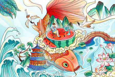 美人鱼和西瓜国潮鲤鱼荷花大暑二十四节气插画