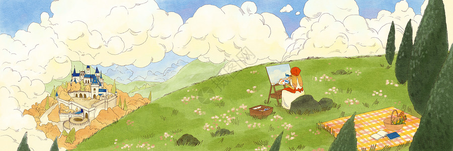 清新水彩风格兔子城堡风景插画图片