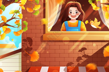 清新二十四节气立秋一叶知秋银杏树枝女孩与鸟秋季插画背景图片