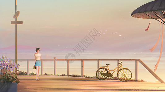 海边单车夏季的一个人旅行插画