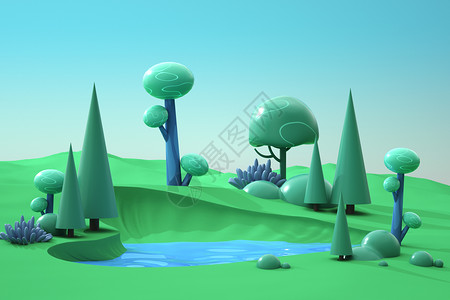 水池卡通绿色植物水源场景设计图片