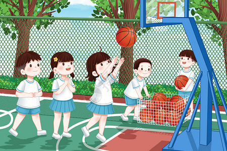 卡通孩子们篮球场里练习投篮的孩子们插画