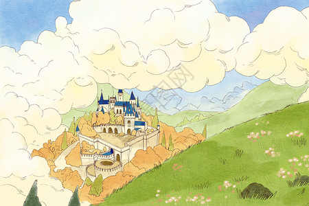 水彩童话治愈清新水彩风格城堡风景俯视插画