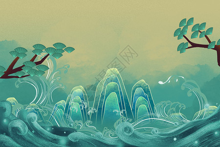 松树素材古风绿色大气山水清新国潮背景设计图片