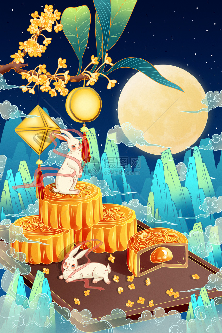 中秋节之兔子和月饼国潮手绘插画图片