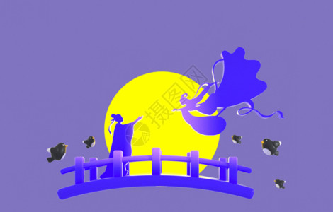 古典鹊桥创意C4D七夕情人节古典中国风牛郎织女鹊桥GIF高清图片
