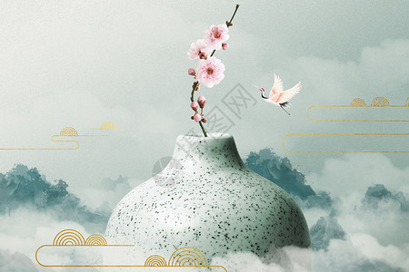 清新桃花插画花瓶插画大气创意新中式背景设计图片