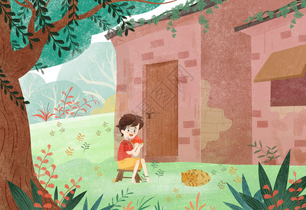 小男孩和猫夏天树下吃瓜的小男孩插画