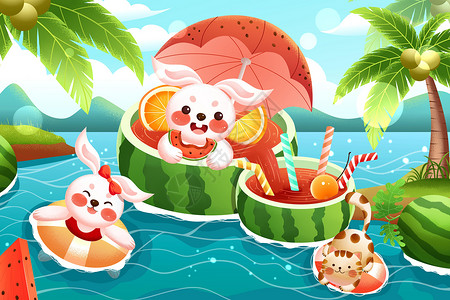 仲夏时节小兔子游泳吃西瓜插画图片
