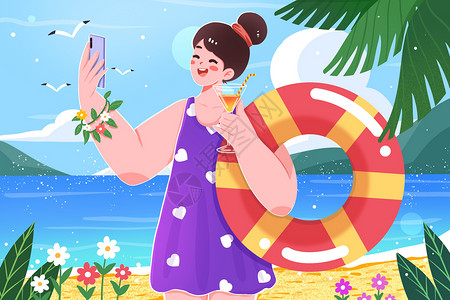 可爱比基尼女生在海边抱着泳圈自拍的女生插画插画