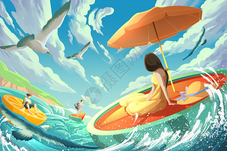 海里冲浪大暑坐着西瓜冲浪的女孩插画