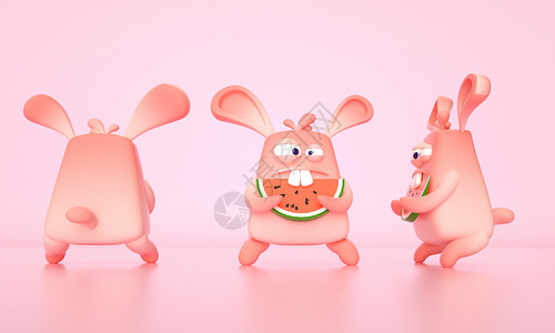 蠢C4D丑萌的小兔子IP模型小兔子吃西瓜插画