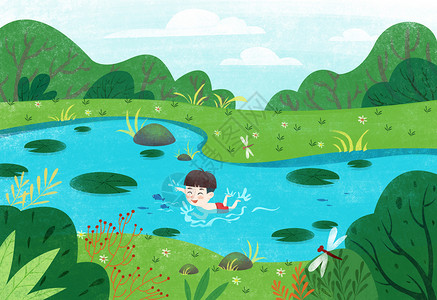 池塘里的鱼池塘里游泳的小男孩插画