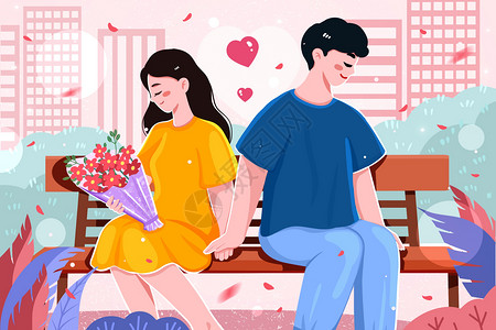 七夕节宣传海报情侣在公园约会送花束插画插画