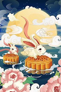 中秋节中国风兔子在月亮水面上奔跑牡丹花月饼矢量插画夜晚背景图片
