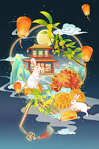 月兔灯笼传统节日中秋国潮创意插画插画