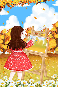 秋天在草地上画画的女孩背景图片