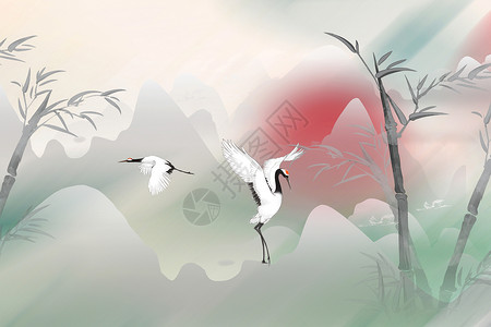 仙鹤国画水墨中国风竹子仙鹤意境图设计图片