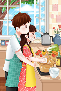 夫妻在厨房一起在厨房里做饭的情侣插画