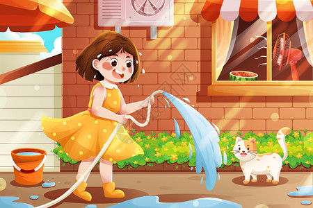 猫与风扇清新三伏天洒水降温女孩与猫夏季插画插画