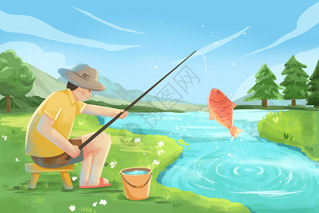 钓鱼休闲回家夏季秋季钓鱼户外活动插画