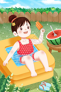 老鼠吃西瓜降暑炎热夏天玩水吃雪糕的女孩插画