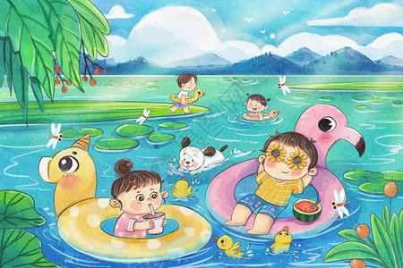 大暑夏天夏季夏日儿童游泳可爱治愈插画背景图片