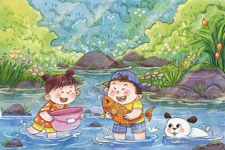 大暑暑假夏天夏季小溪抓鱼可爱治愈系插画背景图片