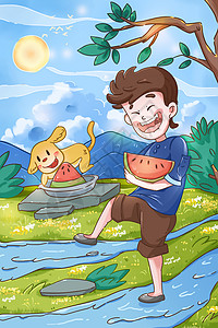 三伏天阳光下草地上吃西瓜的男孩和小狗插画背景图片