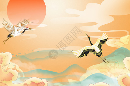 海上红日红日仙鹤清新国潮背景设计图片