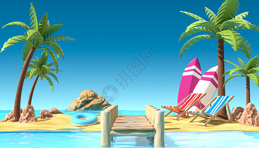卡通沙滩冲浪板C4D夏日清凉海边设计图片
