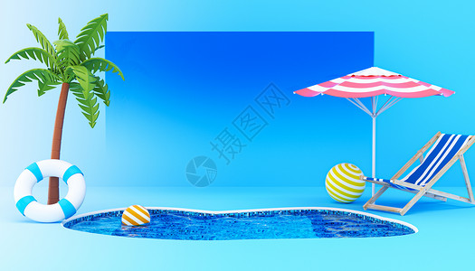 椰树背景插画C4D夏日清凉泳池场景设计图片