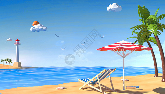 灯塔插画C4D夏日清凉沙滩场景设计图片