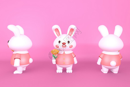 兔年兔宝宝C4D可爱兔子拿花卡通IP模型插画