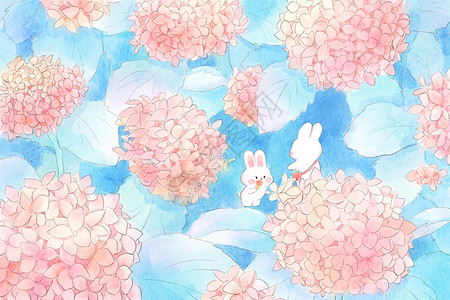 兔子童话绣球花丛水彩风可爱治愈横版插画高清图片