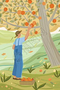 秋季的果子一个人在果树下摘果子立秋秋天扁平风手绘竖版插画插画