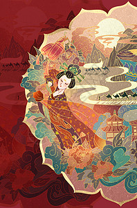 红色国潮风丝绸之路系列长安仕女山水茶叶插画图片