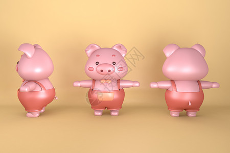 三只小猪盖房子C4D可爱小猪卡通IP模型插画