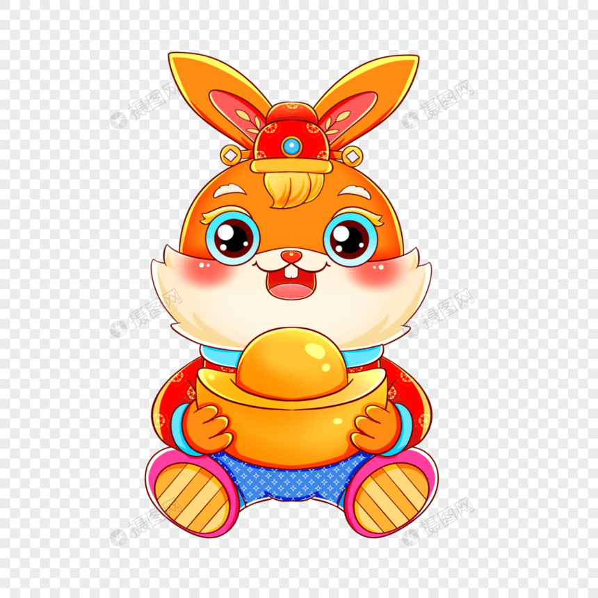 国潮兔年春节新年抱元宝的兔子元素图片