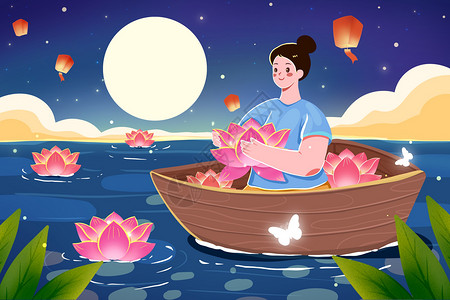 划船放河灯的女孩坐在小船里放河灯的女孩插画插画