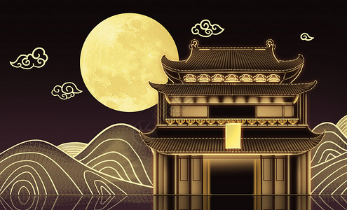 中秋月亮建筑海报背景图片