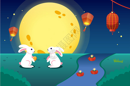 中秋节兔子对望插画图片