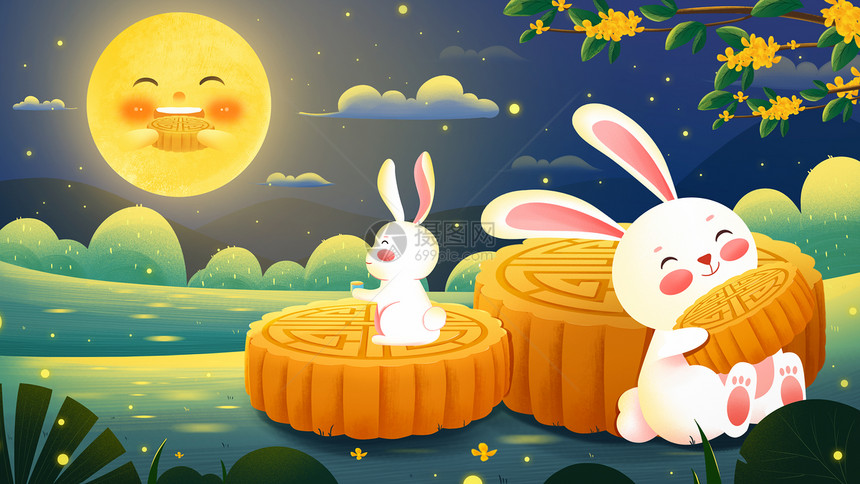 中秋节吃月饼赏月兔子插画图片
