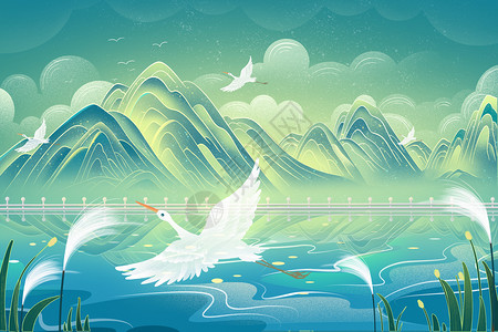 白鹭保护区国潮中国风山水24节气白露插画