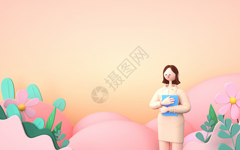 粉色购物女孩女神节快乐卡通插画c4d女教师设计图片