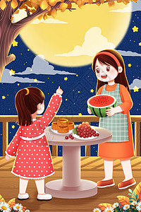 人类月秋日中秋节赏月吃月饼的母女插画