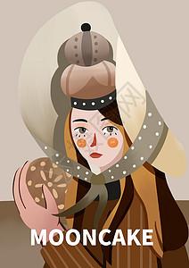 吃月饼的少女扁平插画背景图片