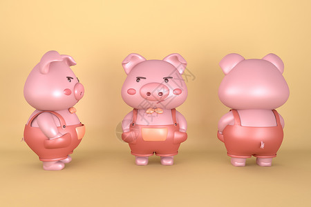 三只小猪盖房子C4D可爱生气小猪IP模型插画