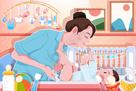 养育孩子母亲在婴儿房给孩子更换尿布插画
